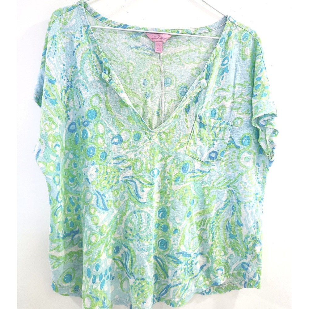 Lilly Pulitzer Etta V-Neck Top Green Blue Paisley Slub Jersey Tee Large